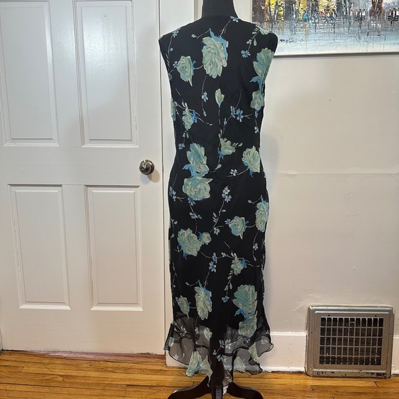 Vintage Floral V-Neck Midi Dress Black Blue Ruffle Hem Sleeveless Made in USA - Picture 8 of 8